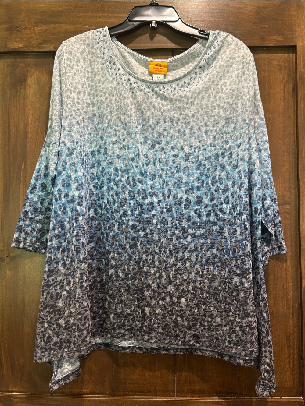 M375 Ruby Rd. Blue Ombre Animal-Print Tunic with Studded Scoop Neck Sz 2X